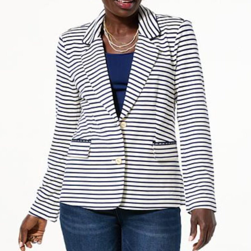 Navy Blue Stripes Ponte Knit Blazer Jacket Nautical Paris Preppy Women XS